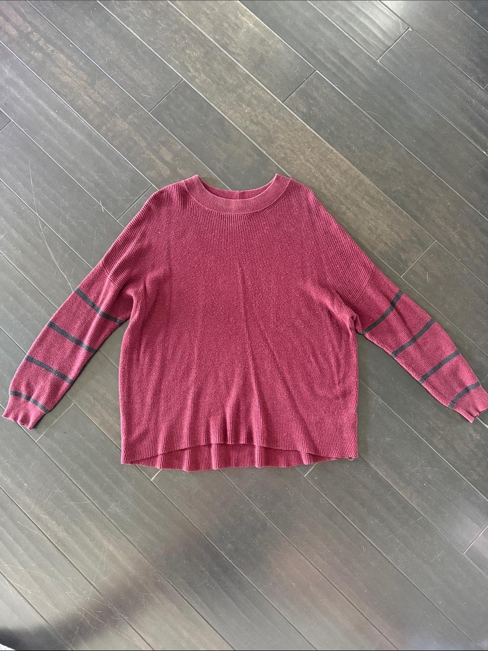 American Eagle Outfitters Dark Red Crewneck Sweater with Black Sleeve Stripes